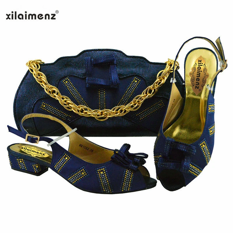 

High Quality African Ladies Shoe and Bag to Match in Dark Blue Color Low Heels 2019 New Design Sandals for Wedding Party