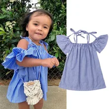 Лидер продаж года, новое летнее платье Милая одежда для маленьких девочек на день рождения голубое Полосатое Нарядное вечернее платье с оборками и открытыми плечами