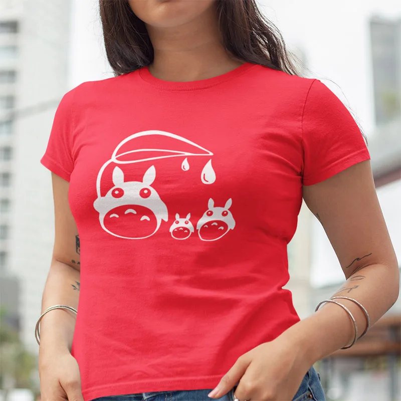 Футболка Тоторо Забавный зонт, топ с животным из мультфильма, женская футболка с круглым вырезом и японским аниме, хлопковая Милая футболка с короткими рукавами для девочек, Femenina
