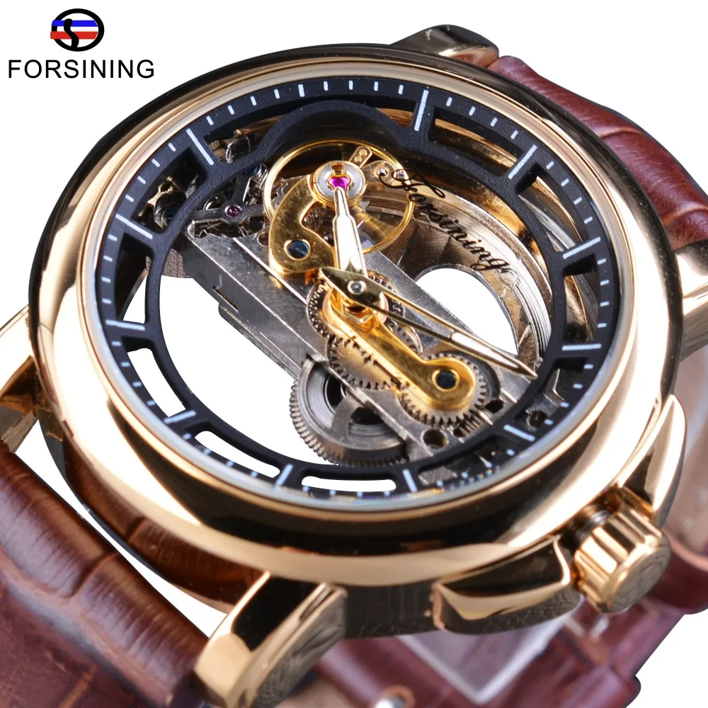 Forsining Transparent New Automatic Movement Brown Genuine Leather Mens Watches Top Brand Luxury Automatic Skeleton Wrist Watch