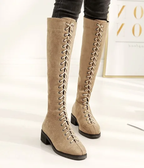

Low Square Heel Round Toe Over-the-Knee Long Boots for Women Cross-tied Lace-Up Autumn Winter Boots Solid Shoes