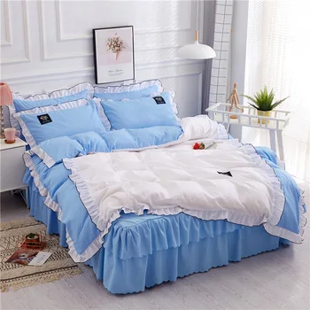 

RZCortinas Bed Set 4PCS Princess Lace Ruffle Duvet Cover Set Bed Skirt Pillowcases King Size Bedding Set Wedding Bedclothes