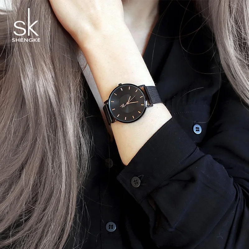 Cena Shengke czarne modne zegarki damskie Top marka luksusowe panie kwarcowe Wrist Watch Reloj Mujer 2019 SK najlepszy prezent zegarki dla kobiet