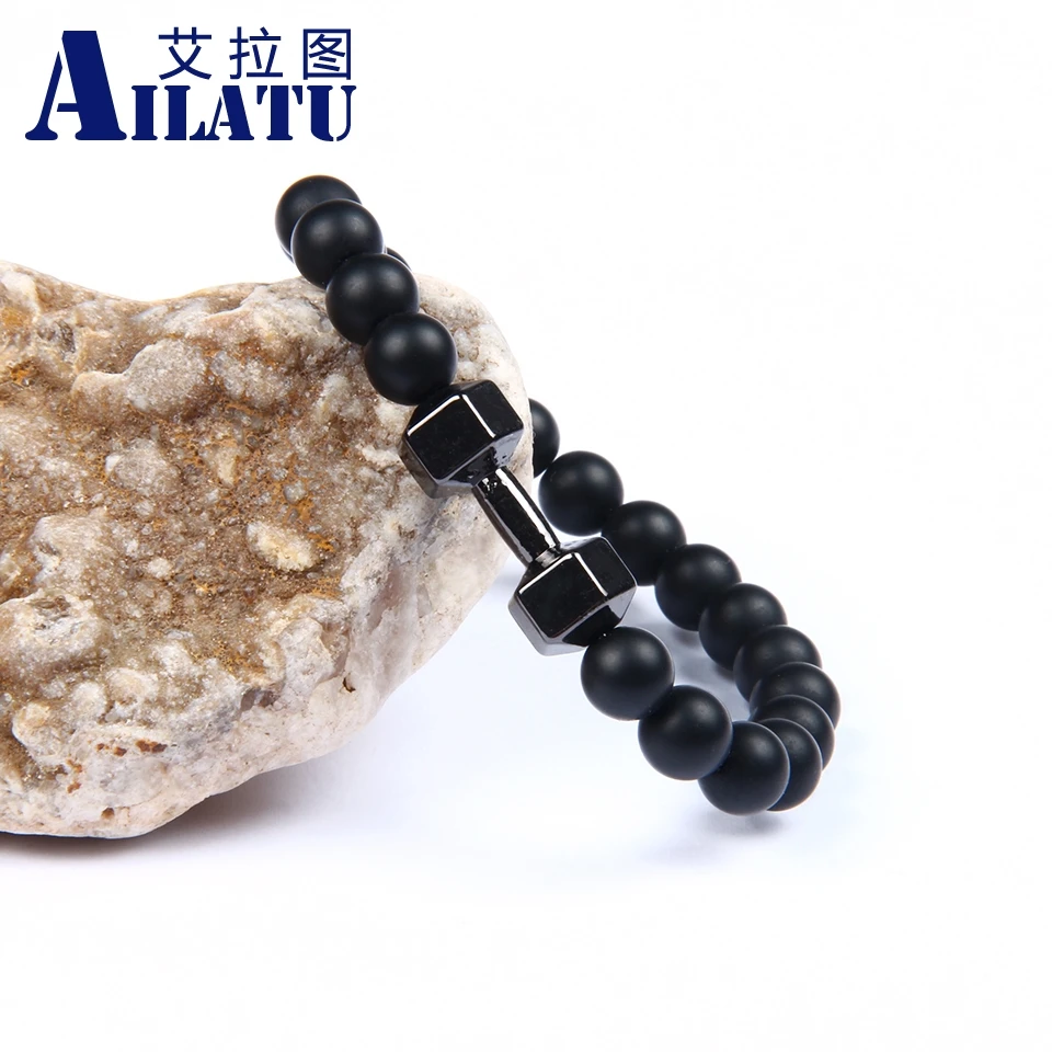 

Ailatu Men Gift On Sale Alloy Metal Barbell & Black Matte Onyx Stone Beads Fashion GYM Dumbbell Bracelet