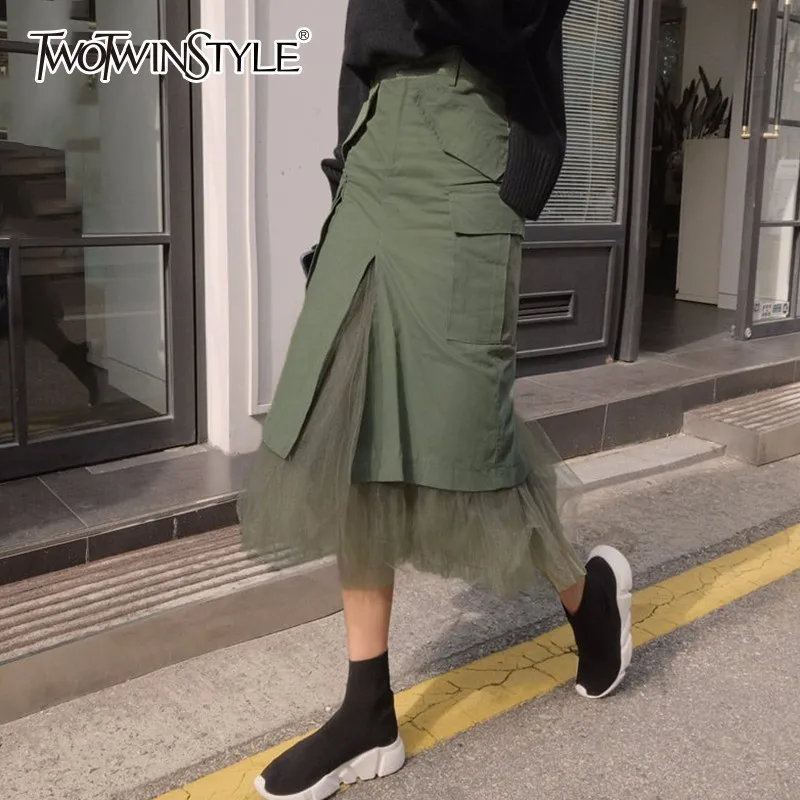 

TWOTWINSTYLE Bodycon Skirt Female High Waist Split Mesh Patchwork Sexy Skirts Sprring Large Size Fashion Korean Clothing 2019