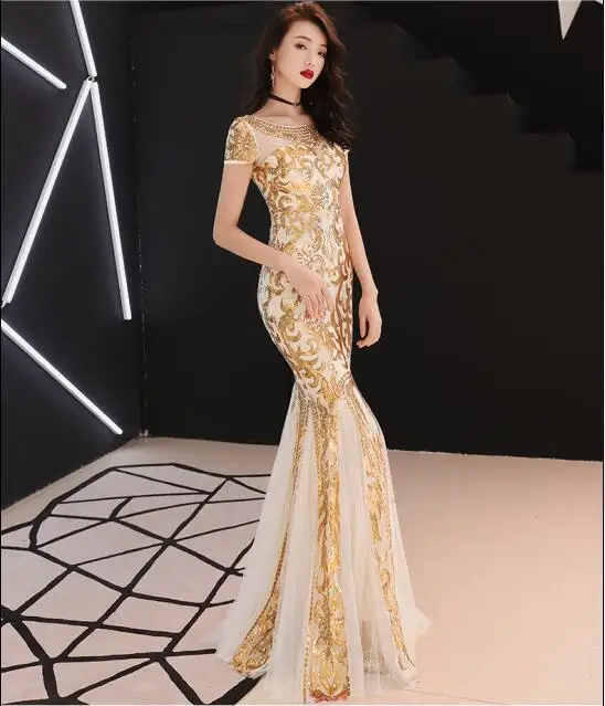 

Fashion Sparkly Stones Gold Long Dress Women's Birthday Party Celebrate Slim Dress Women Dance Net Yarn Dress