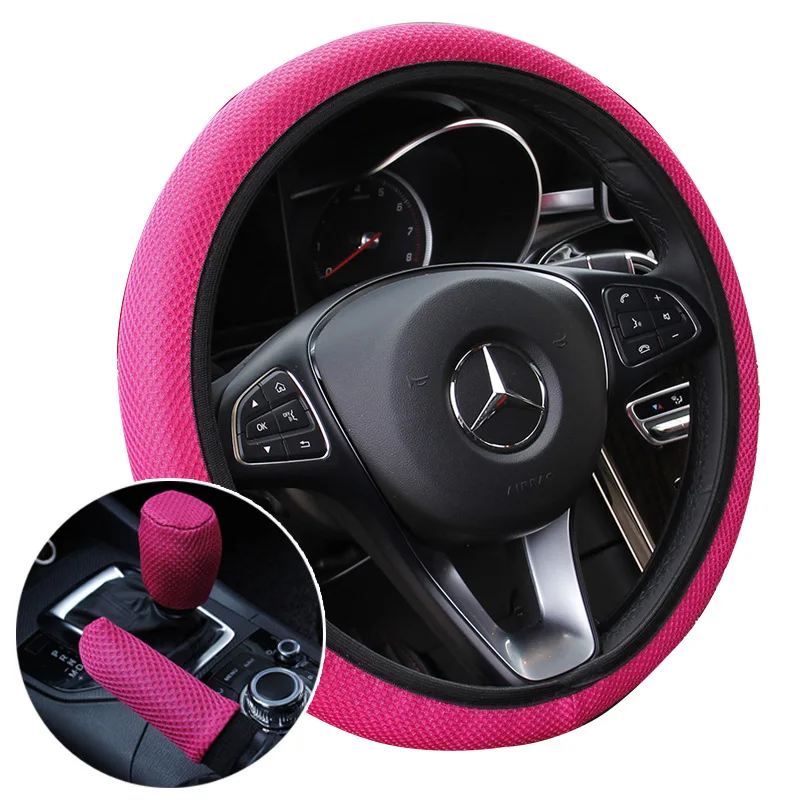 

Set of 3pcs Set ice Silk Steering Wheel Cover +Shift Gear Cover + Handbrake Cover Universal for 38CM Wear-resistant Anti-slip