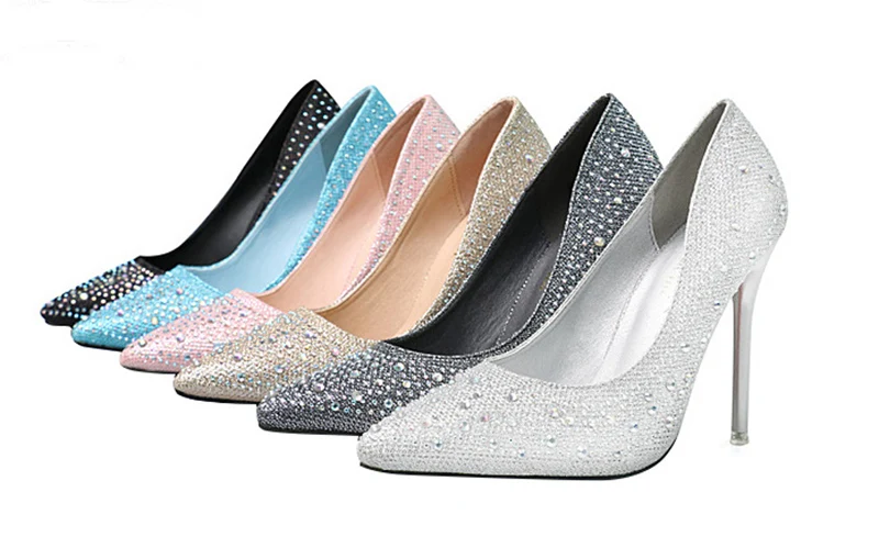 Новинка весны женские туфли-лодочки на высоком каблуке; стразы; туфли-лодочки с острым носком и на тонком высоком тонкие туфли на высоком каблуке пикантная Свадебная обувь для Females55
