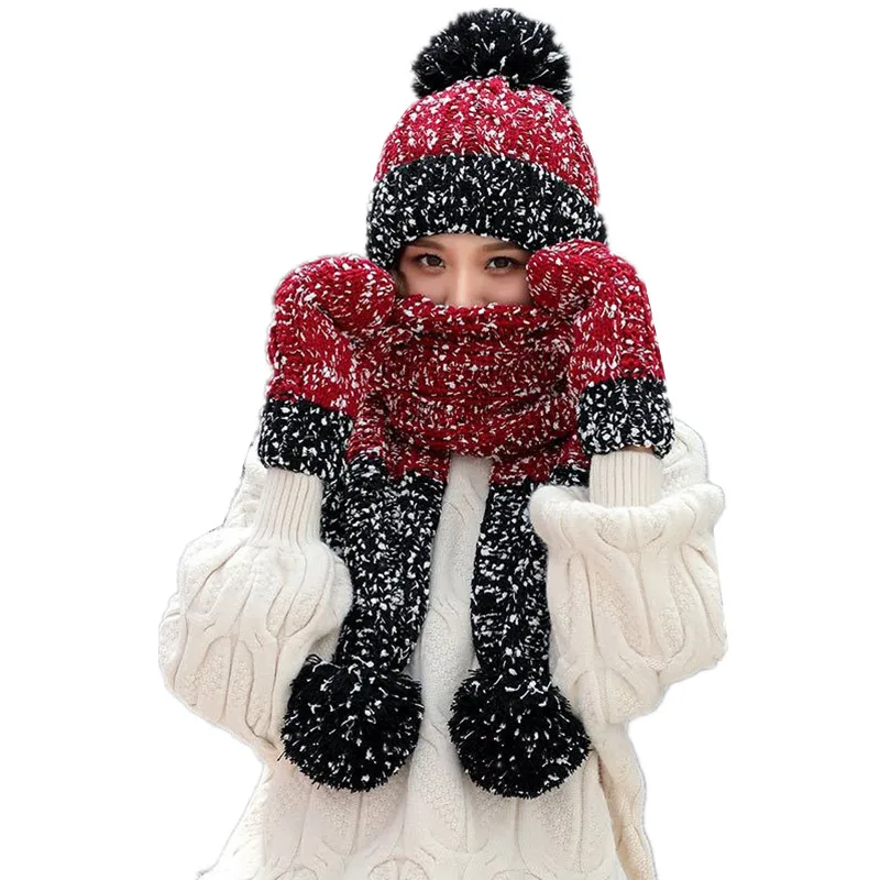 Warm 3 Pieces Set Women Knitting Hat Scarf Gloves Set For Girls Female