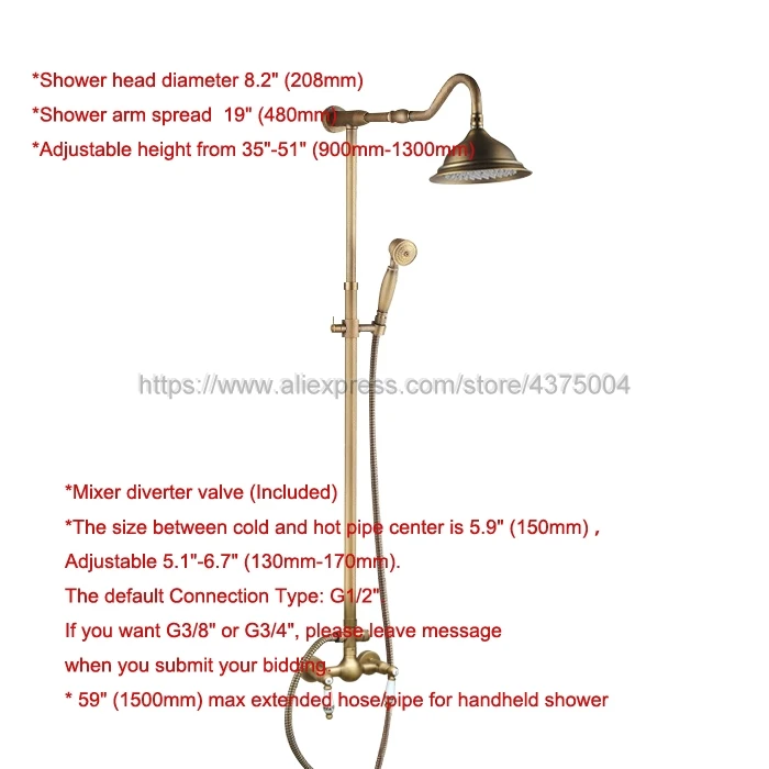 Antique Brass Shower Faucet Set 8.2 Inch Shower Head Hand Shower Sprayer W/ Hand Shower Wall Mounted Mixer Tap Nan501