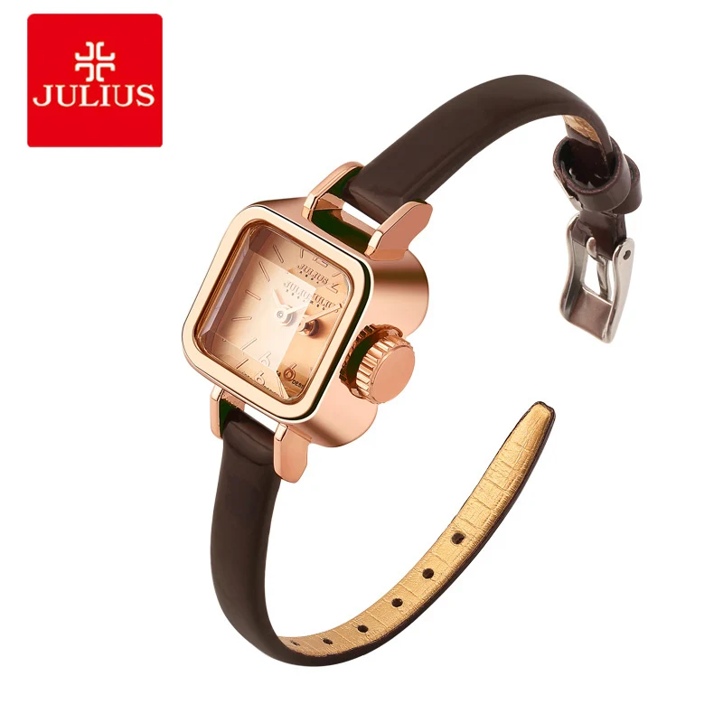 Julius Unique Square Small Dial Small Ladies Watches Women Thin Leather Strap Quartz Watches Rose Gold Female Watch Montre Femme