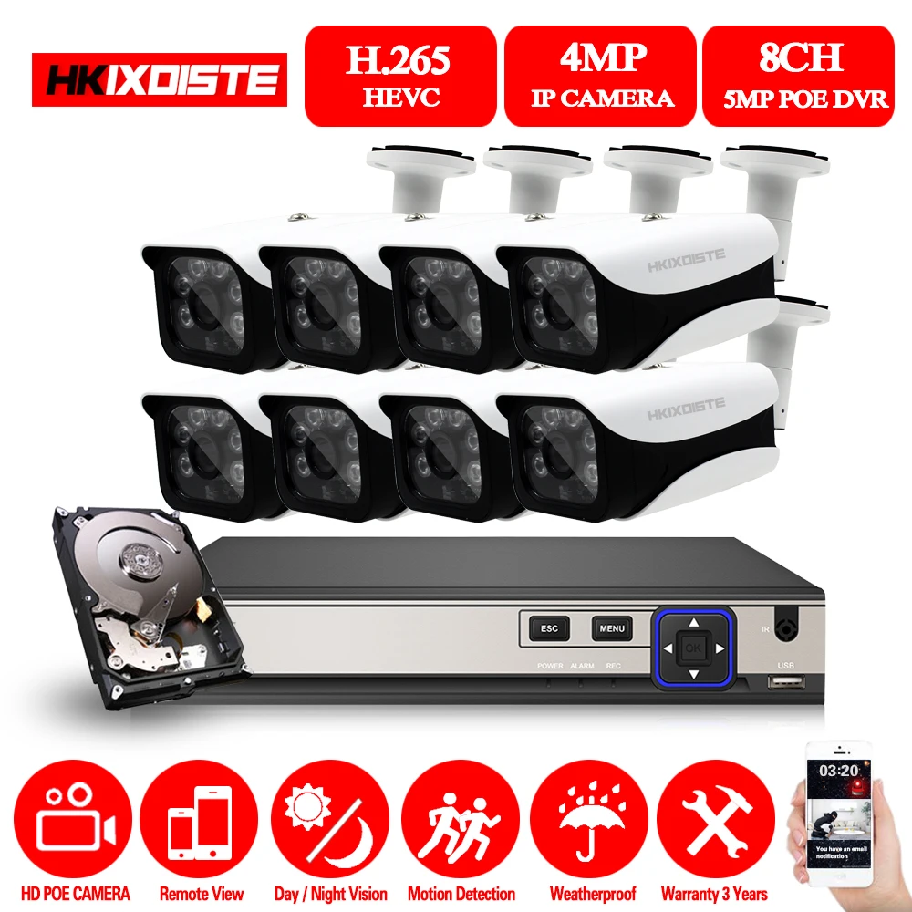 HKIXDISTE 8CH POE cámara CCTV SISTEMA DE 5.0MP NVR Kit 4MP bala cámara IP POE seguridad al aire lib