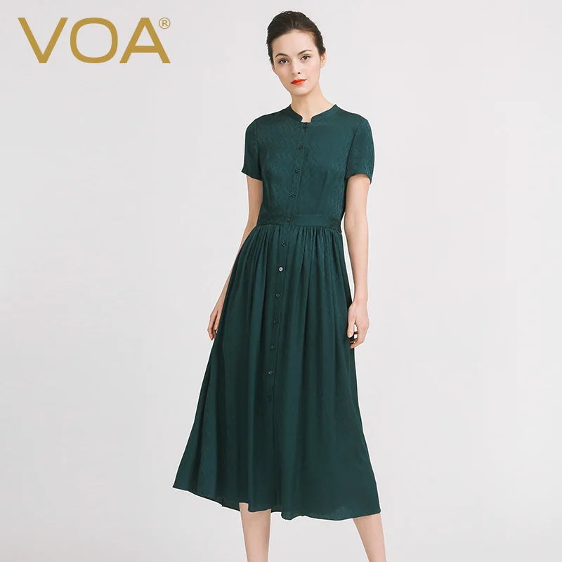 

VOA Plus Size Silk Shirt Dresses Women Peacock Green Casual Swing Long Dress Tunic Short Sleeve Fall vestidos sukienki A6910