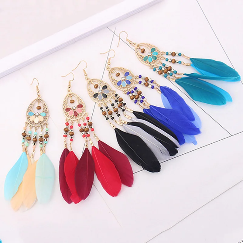 

1Pair Hot Bohemian Geometric Feather Tassel Drop Dangle Earrings For Women Girl Fringe Long Pendant Earring Accessory