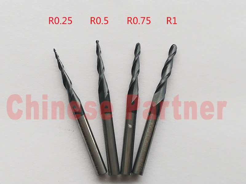 

2pcs/lot R0.25/R0.5/R0.75/R1x15xD3.175x38L 1/8" shank HRC55 carbide Tapered Ball End Mills milling cutter wood Engraving tools
