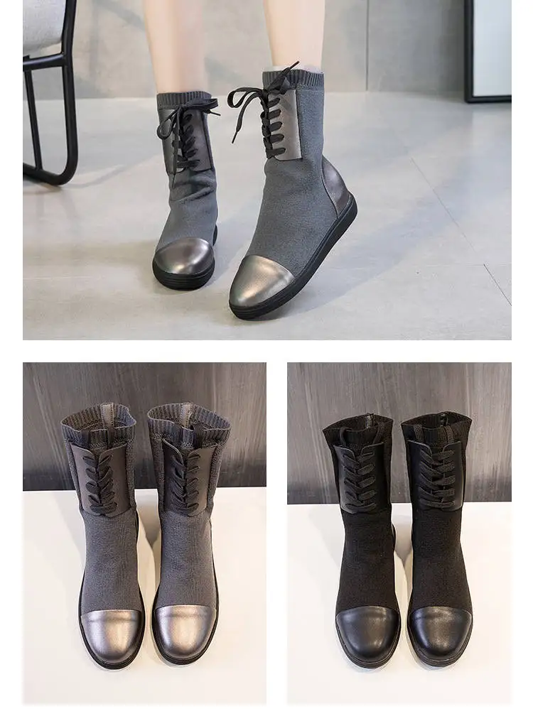 2018 Autumn And Winter Boots Women's Leather Increased Thick Bottom Elastic Boots Med-HeelFashion Winter Ankle Boots WomenM8D156 (11)