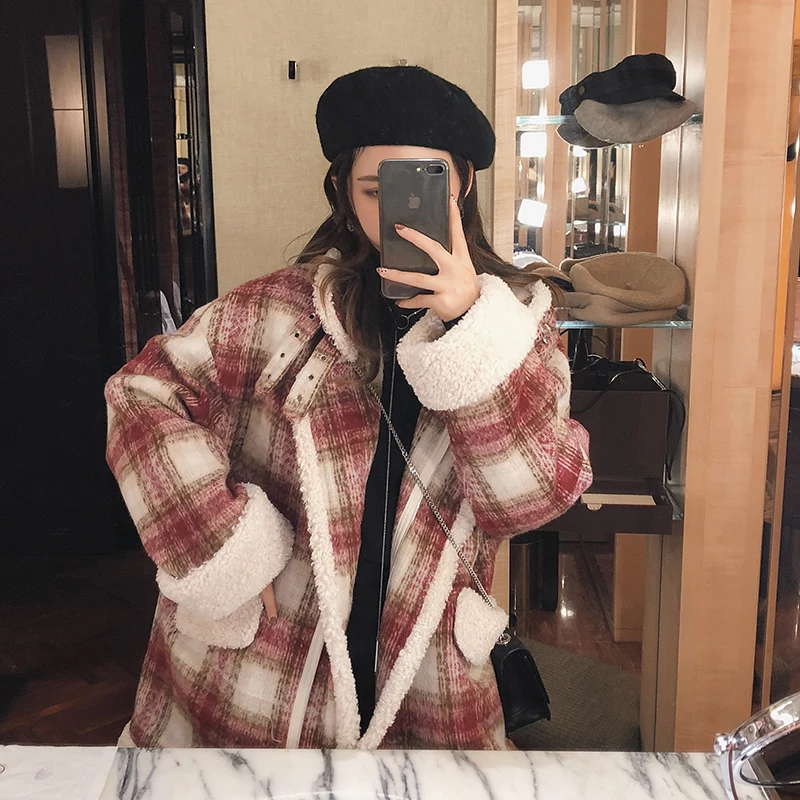

MISHOW 2019 autumn winter red plaid woolen coat new fashion causal women turndown collar thick coat MX18D6457