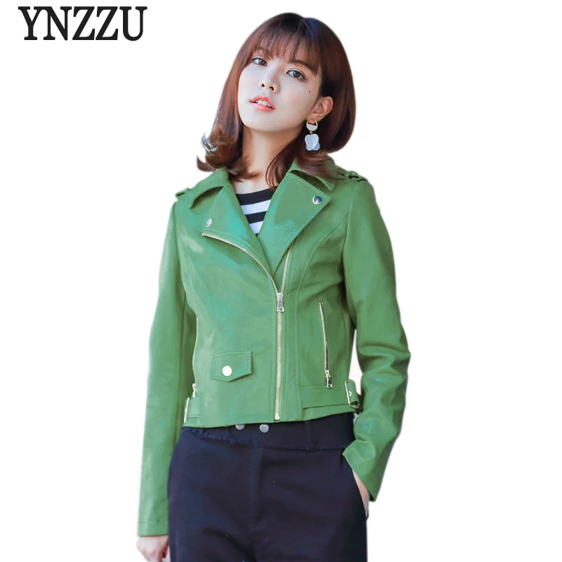 

YNZZU High Quality 2018 Spring Women Faux Leather Jacket Short Green Ladies Slim PU Basic Jackets Female Coat Streetwear YO516