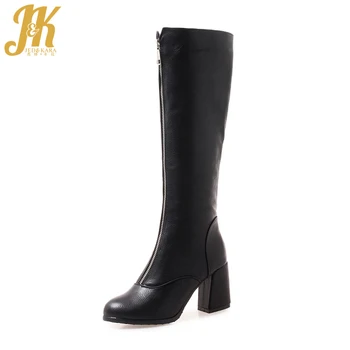 

JK New Winter High Heels Women Boots Zip Pu Ladies Shoes Round Toe Rubber Footwear Casual Boot Women Shoes 2018 Big Size 32-46