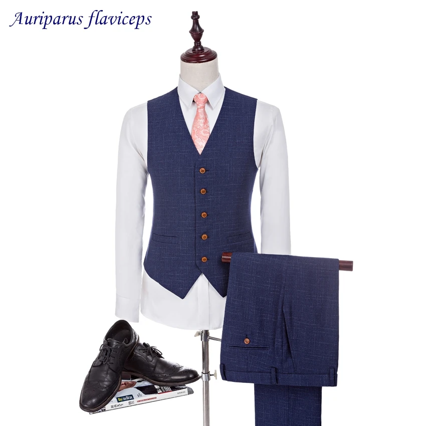

High Quality New Blue 2019 Tailor Made Vest Slim Fit Waistcoat For Men Tweed Wedding Dress Custom Mens 2 Piece Suit(Vest+Pant)