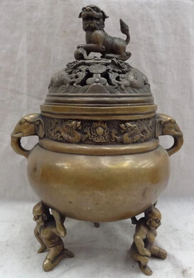 

0 11" Tibet Bronze Buddhism 3 Vajra Man Dragon Lion Statue Incense Burner Censer