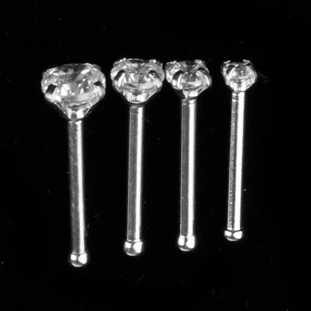 Phenovo 4 Pcs Body Jewelry 7mm Long Straight Bar 1.5mm 2mm 2.5mm 3mm Assorted Size CZ Crystal fit Nose Lip Ear Tragus Piercing