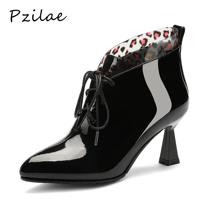 

Pzilae high heels boots plus size black warm winter boots spike heels cross-tied lace up boots fashion pointed toe ladies shoes