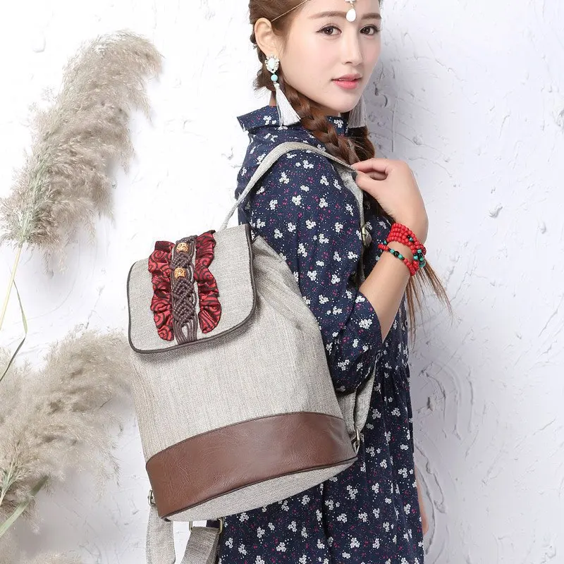 Китайский стиль ретро Женщины Холст Рюкзак этнические рюкзаки рюкзак на шнурке для девочек сумки на плечо
