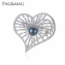 PAG & MAG Marca Silver925 Jóias Inlay Pérola Negra Broche Pin Para As Mulheres Elegantes da Forma Do Coração Aniversário Acessórios Com Presente caixa