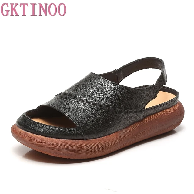 GKTINOO Women Sandals Genuine Leather Sandals Handmade Flat Summer Shoes Female Peep Toe Platform Sandals Women Casual Shoes