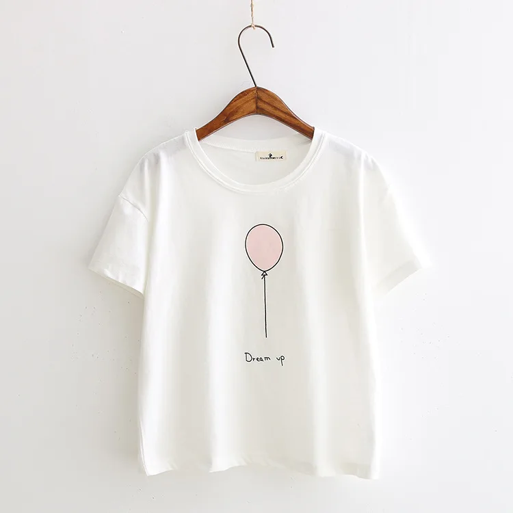 Милые футболки с принтом воздушных шаров для девушек, студенток, женщин, лето, новые простые тонкие топы с круглым вырезом, футболки, повседневные женские футболки - Цвет: White T-Shirt