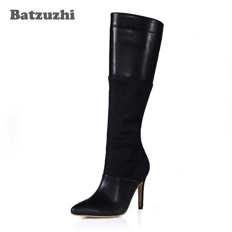 

Batzuzhi-French Style Fashion Women Boots 9.8cm Black Leather Long Boots Women Pointed Toe Bottine Femme, Big Size 43