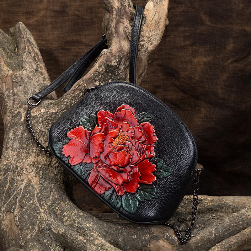 

Genuine Leather Women Bags Cross Body Peony Pattern Handbag Shell Small Embossed Tote Purse Chinese Style Messenger Shoulder Bag