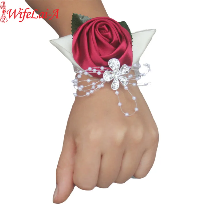 

100% Handmade 2piece Wine red Crystal Bouquet Corsage Diamond Satin Rose Flowers for Wedding Bride Wrist Flowers SW0677Y