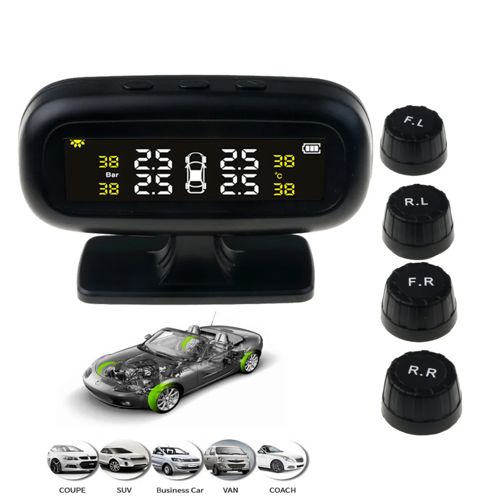 

2 in 1 Solar power TPMS USB Car Tire Pressure Alarm Monitoring System lcd Display high Temperature Warning tyre air leak alarm