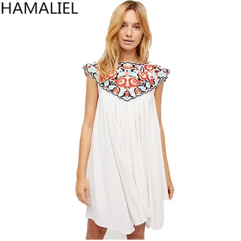 

HAMALIEL Summer Holiday Beach Loose Mini Dress 2018 Ethnic White Cotton Embroidery Floral Sleeveless Casual Plus Size Dress