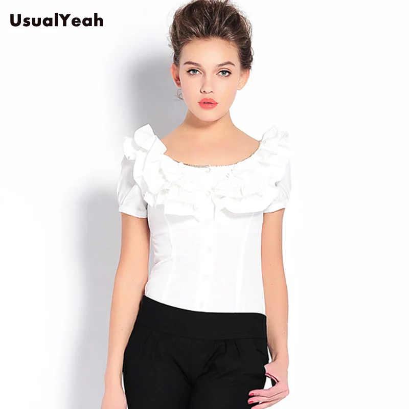 New  Women Fashion OL short Sleeve Solid Round Neck Ruffles Blouse Body Shirt metal chains design S-M-L-XL SY0201 5