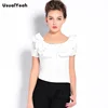 New  Women Fashion OL short Sleeve Solid Round Neck Ruffles Blouse Body Shirt metal chains design S-M-L-XL SY0201 5