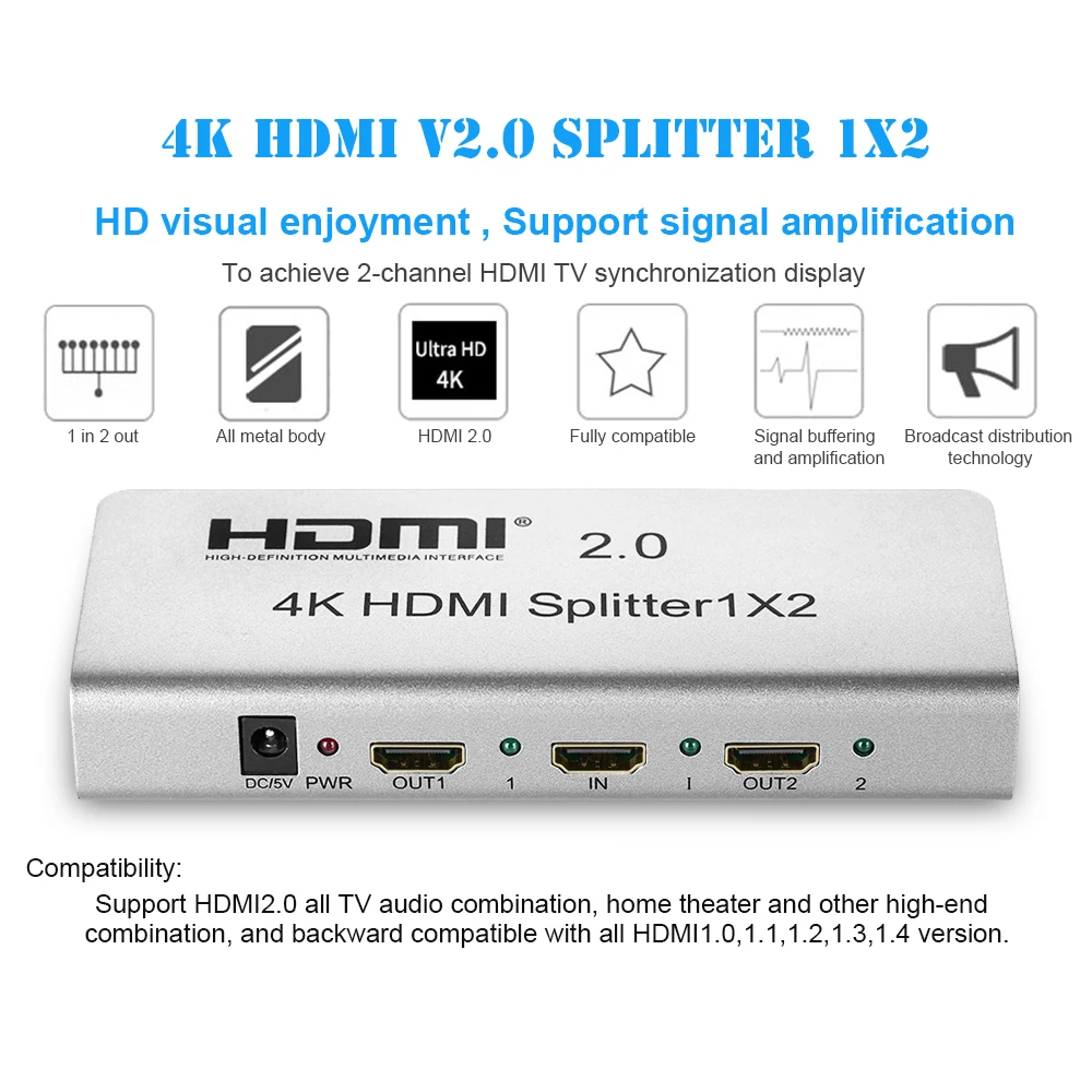 RobotSky HDMI 2.0 Splitter 4K 1X2 2160P 1 IN 2 Out HDMI Splitter Switcher With EDID RS232 HDCP Supp