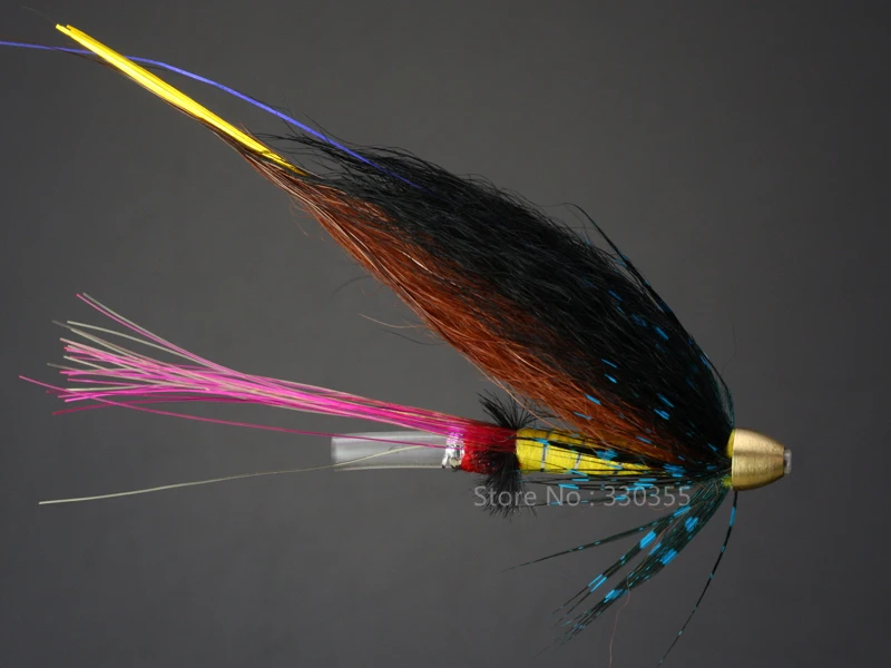 

100 Pcs Tube Fly Black/Brown/Blue Cone Heads Salmon And Sea Trout Fly Fishing Flies Lures