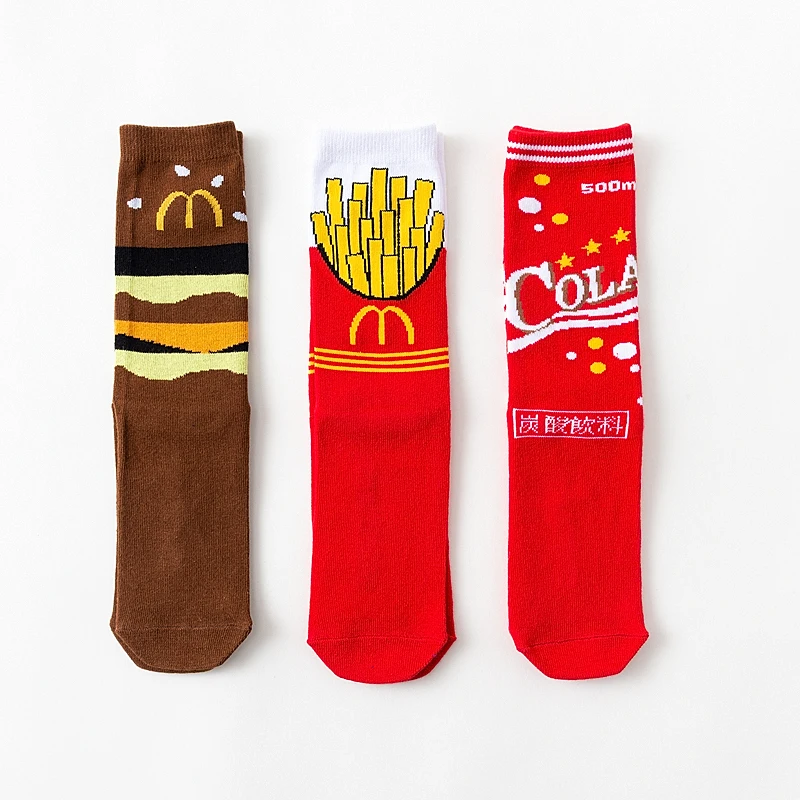 Ins стильные мужские забавные носки красного цвета с рисунком картофеля фри и кока-колы, оригинальные Длинные Теплые Носки с рисунком счастливого картофеля фри