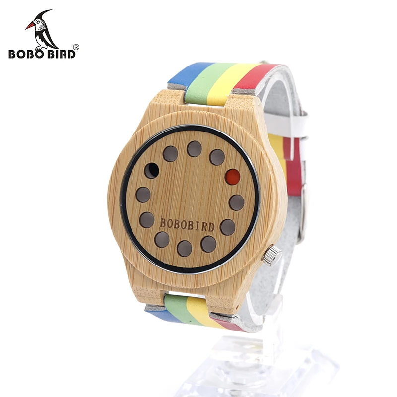 BOBO BIRD V-A01 Mens Wooden Watch 12 Holes Design Bamboo Dial Rainbow Band Quartz Watch in Gift Box montre homme marque de luxe