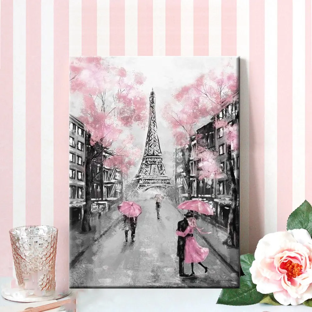 DIY розовый зонтик дождливый день пейзаж романтическая пара Париж башня город краски по номерам DIY картина по цифрам Раскраска по номерам