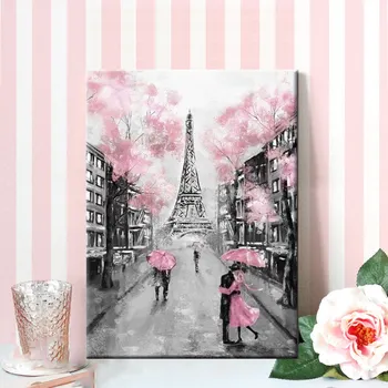 

DIY Pink Umbrella Rainy Day Landscape Romatic Couple Paris Tower City Paint By Numbers DIY Number Painting Coloring by Numbers