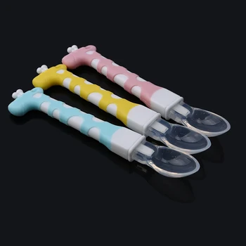 

2020 latest style baby cute cartoon spoon with travel safe toddler baby child feeding training spoon easy to hold heat spoon 1PC