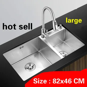 Online Free Shipping Hot Sell Household Luxury Kitchen Manual Sink Double Groove Durable 304 Stainless Steel Vogue Large 820x460 MM