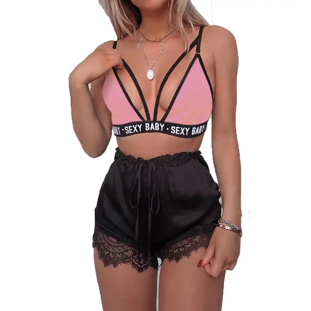 

New Women Fashion Letter Patchwork Sexy V Neck Short Casual Bra Summer Slim Fit Crop Lace Cami