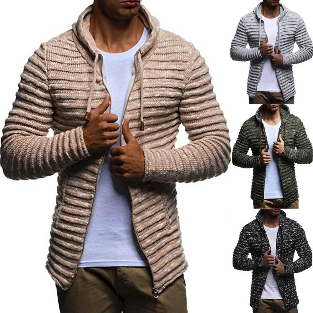 Knit Hooded Jacket For Men Casual Slim Fit Cardigan Thin