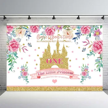 

Background Photography Baby Shower 1st Birthday Little Princess Golden Castle Pink Points Floral Flowers Leaves Photo Studio