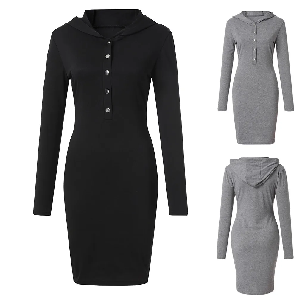 

2018 Autumn Winter New Style Women Sexy Lady Hooded Long Sleeve Slim Fit Solid Casual Dress Female Dresses Vestidos Robe Femme